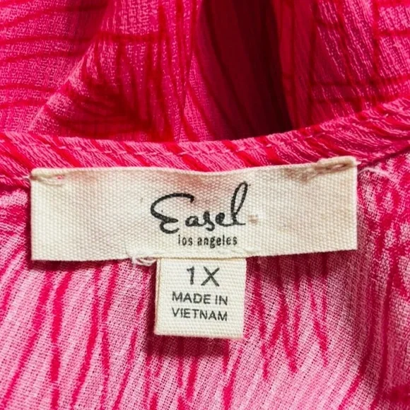 Easel Women’s Size 1X V-neck Flowy Tunic Hot Pink Leaf Print - Picture 4 of 8